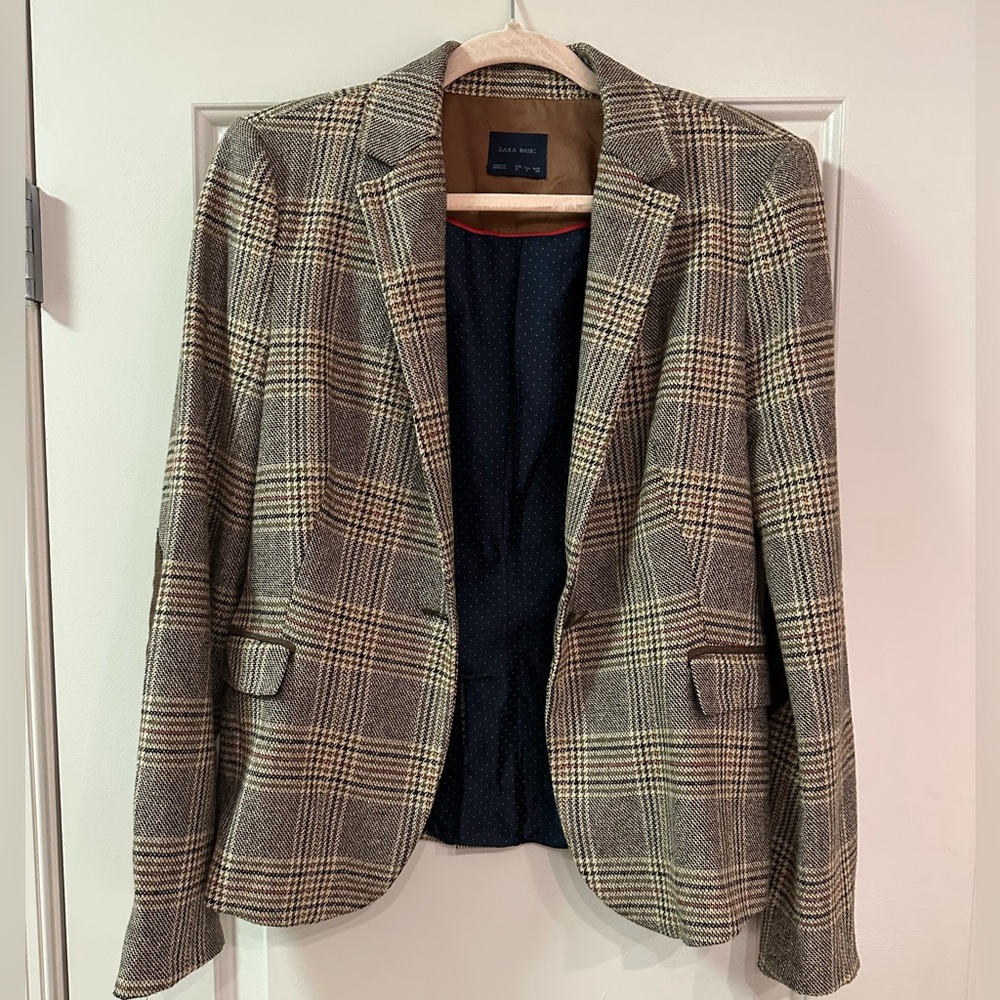 Zara Basic Brown Plaid Blazer with Elbow Patches - Size L